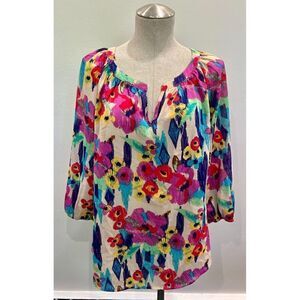 Daniel Rainn Floral 3/4 Sleeve V-Neck Blouse Size S